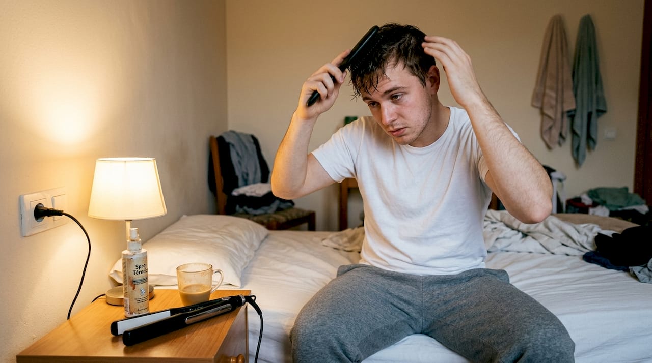 Chica intentando desenredar su cabello después de una rutina de cuidado que no le funcionó