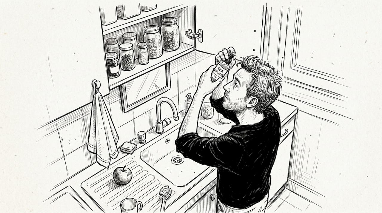 Un homme applique un soin pour les cheveux chez lui, dans une cuisine du quotidien.