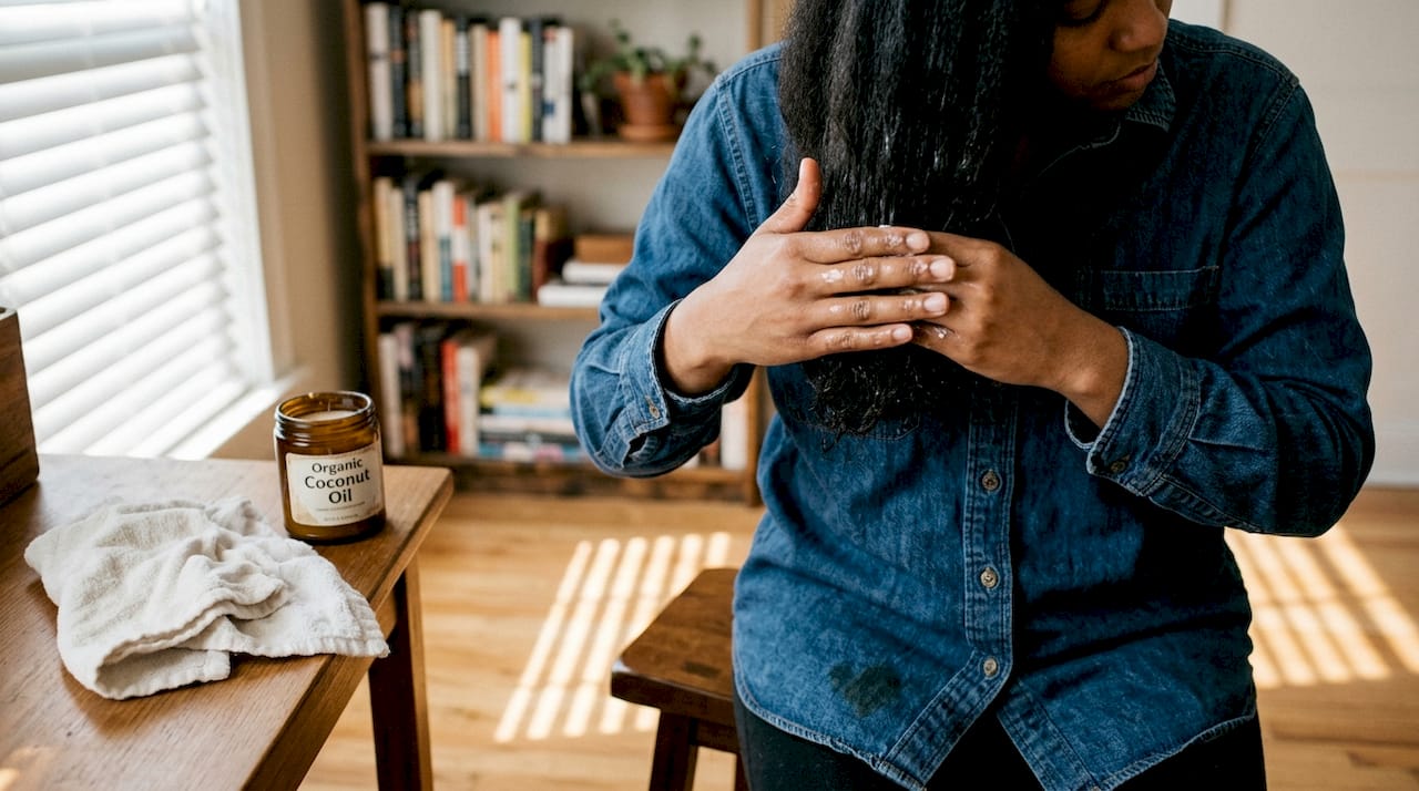 Hands applying coconut oil to thick healthy hair