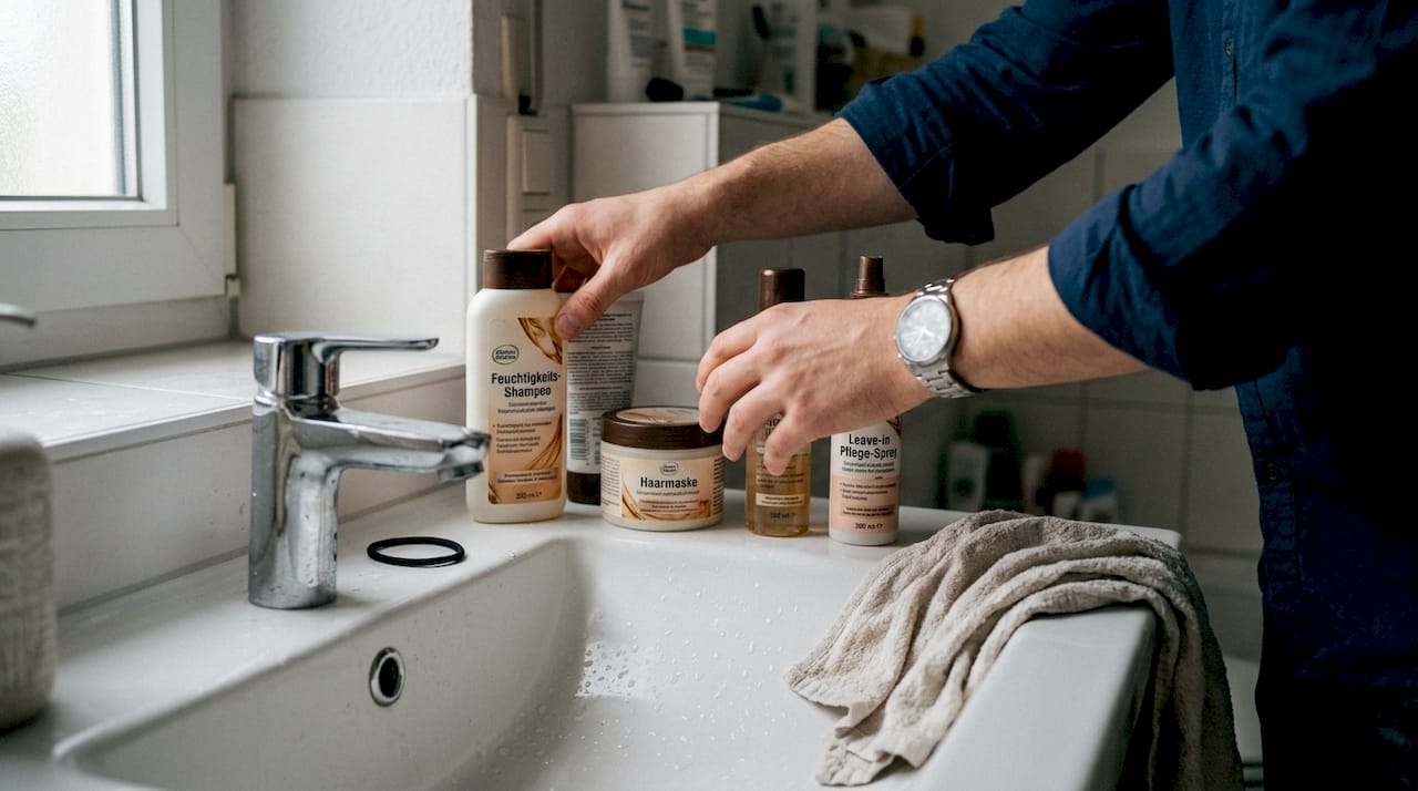 Am Waschbecken werden verschiedene Haarpflegeprodukte von Hand ordentlich sortiert und arrangiert.