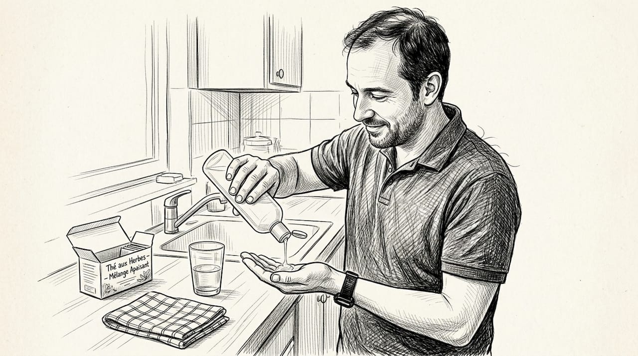 Un homme verse du shampooing dans la cuisine familiale