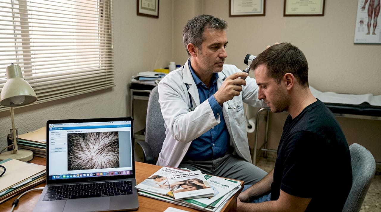 Un dermatólogo examina el cabello de su paciente utilizando tecnología avanzada.