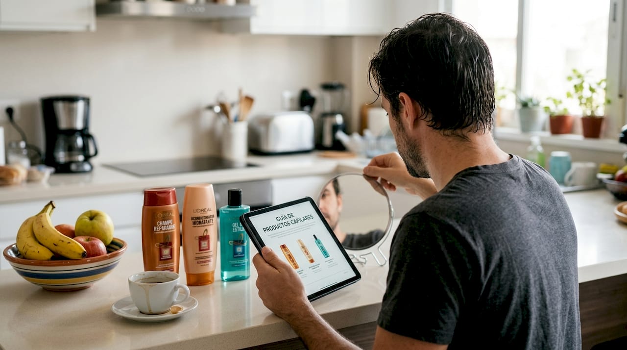 Hombre eligiendo productos de cuidado capilar hechos a medida