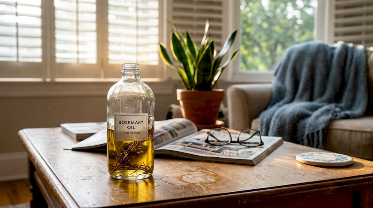 Rosemary oil bottle on living room table