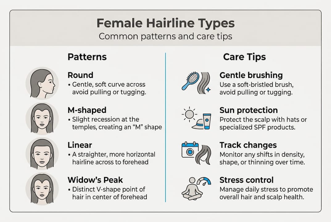 Infographic summarizing female hairline types and care tips