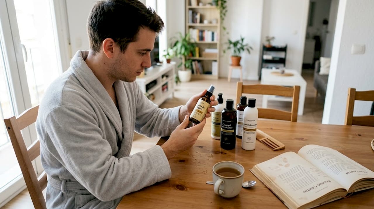 Un hombre revisa y prueba distintos productos para el cabello sentado en la mesa de su casa.