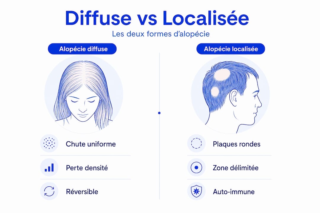 Infographie : différences entre alopécie diffuse et alopécie localisée
