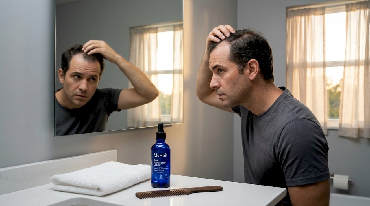 Hombre observando cómo se le está cayendo el pelo frente al espejo del baño
