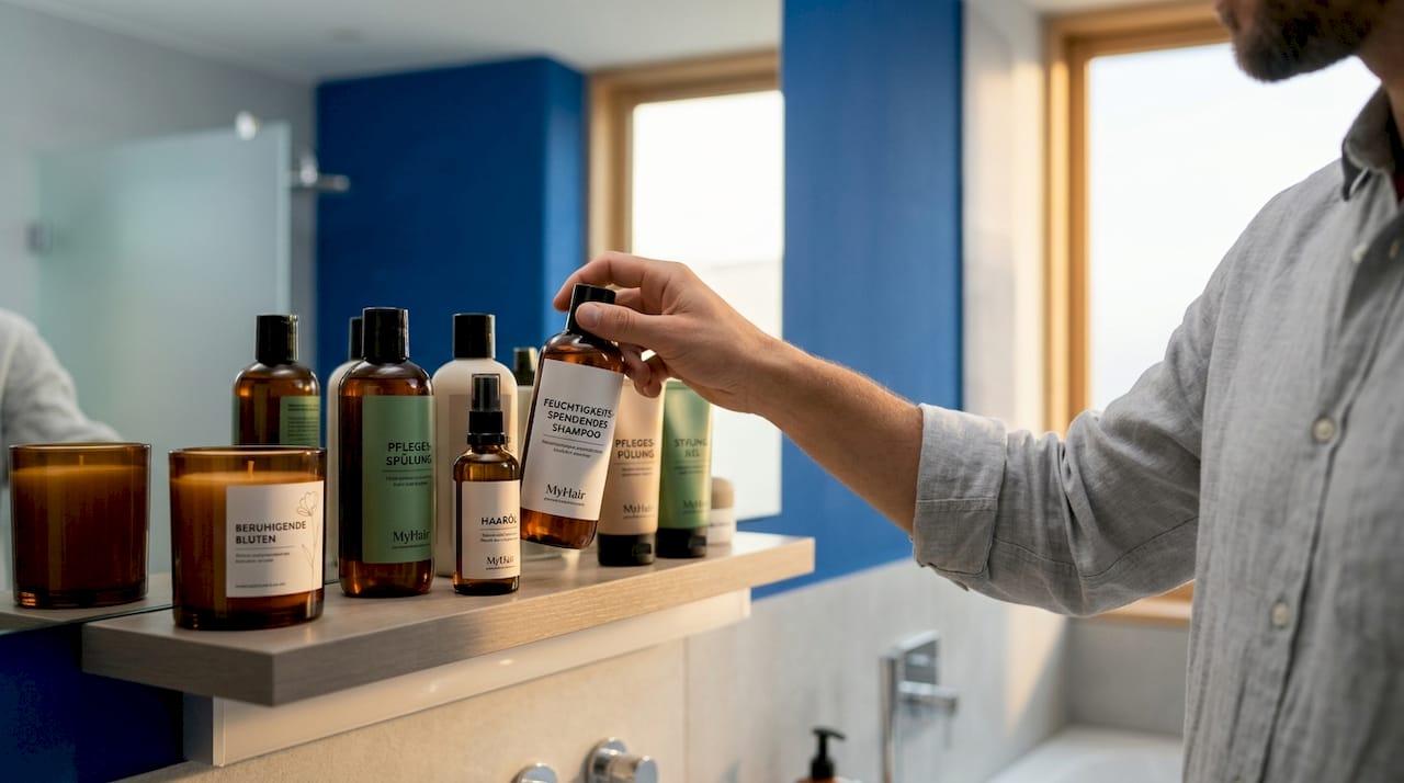 Im Badezimmer greifen Hände gezielt zu den passenden Haarpflegeprodukten.