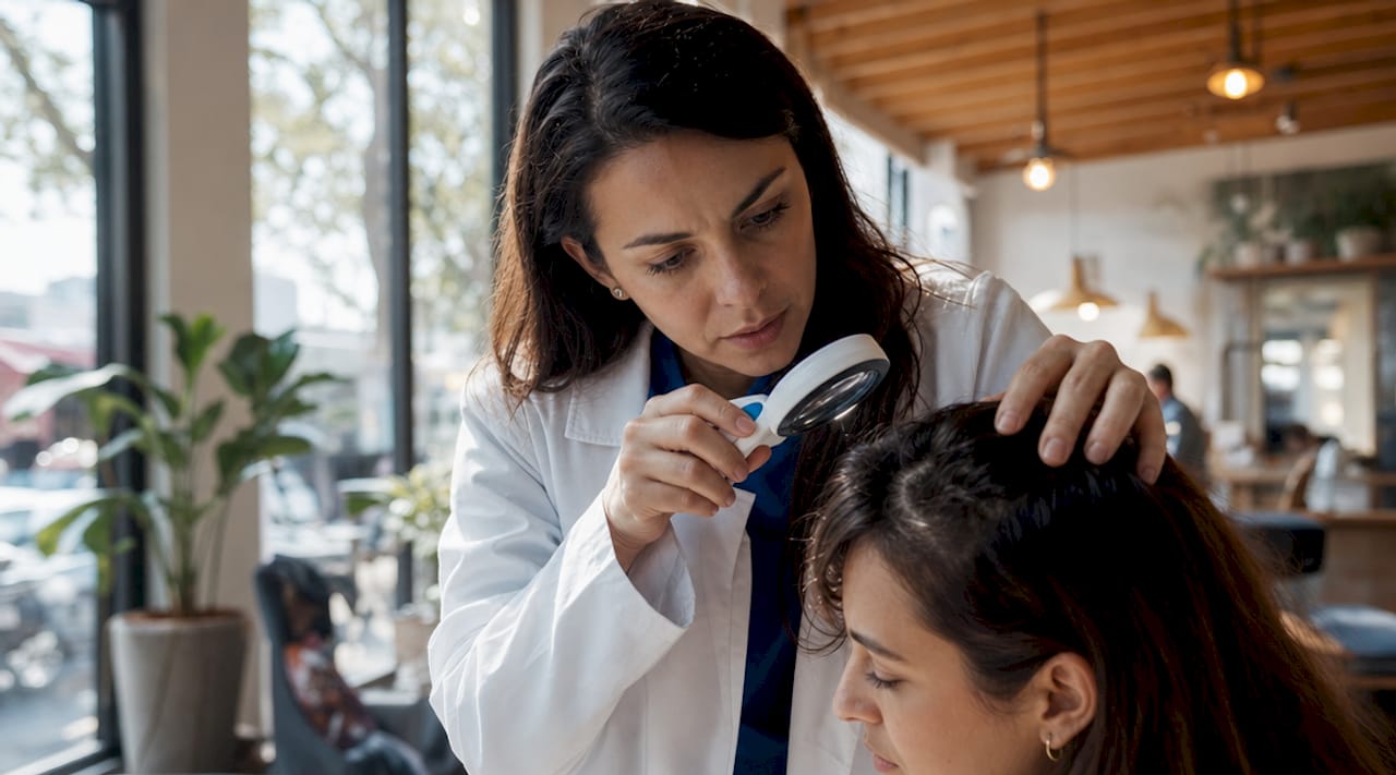 Dermatologist examining scalp closely in clinic