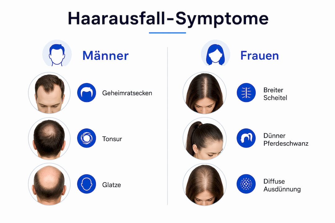 Eine anschauliche Infografik verdeutlicht die Unterschiede beim Haarausfall zwischen Männern und Frauen.