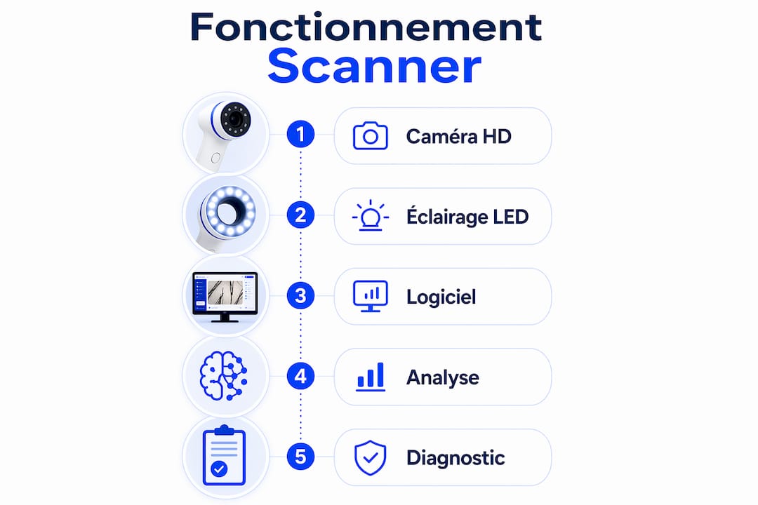 Infographie : les différentes étapes d’un diagnostic capillaire par scanner