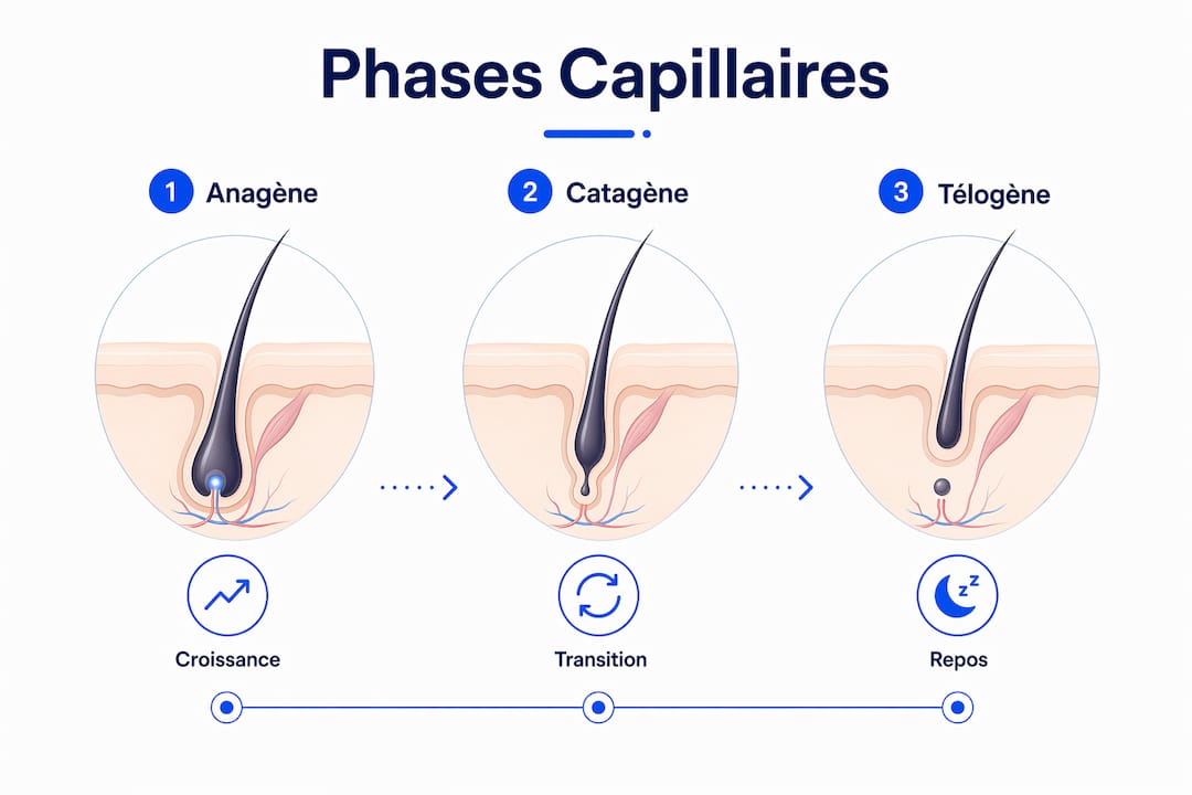 Schéma illustrant les différentes étapes du cycle de vie du cheveu