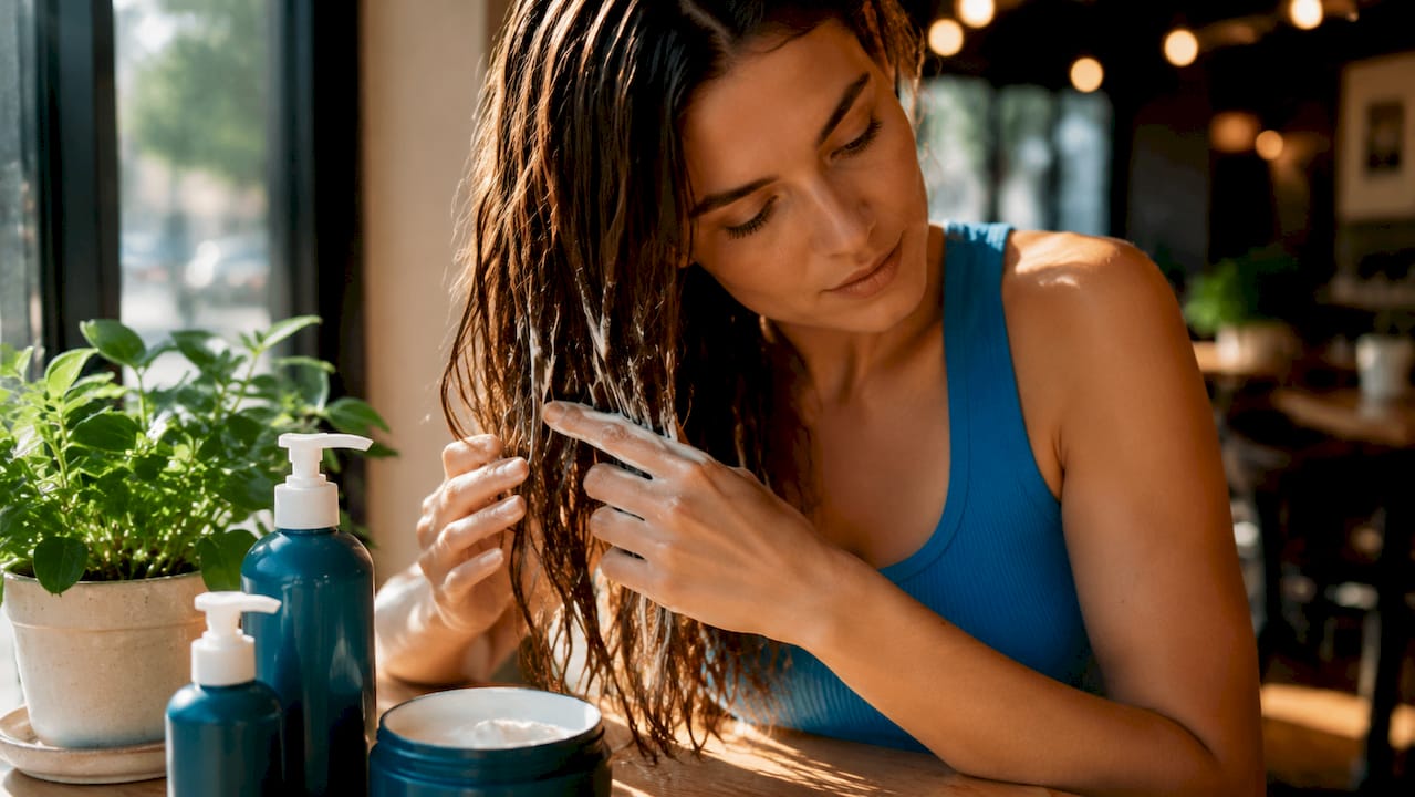 Woman applying conditioner to hair ends