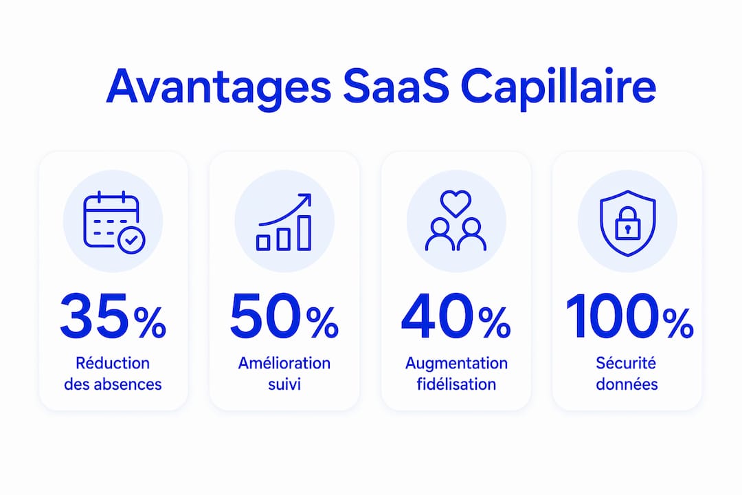 Visuel récapitulatif des principaux atouts des solutions SaaS pour la gestion capillaire
