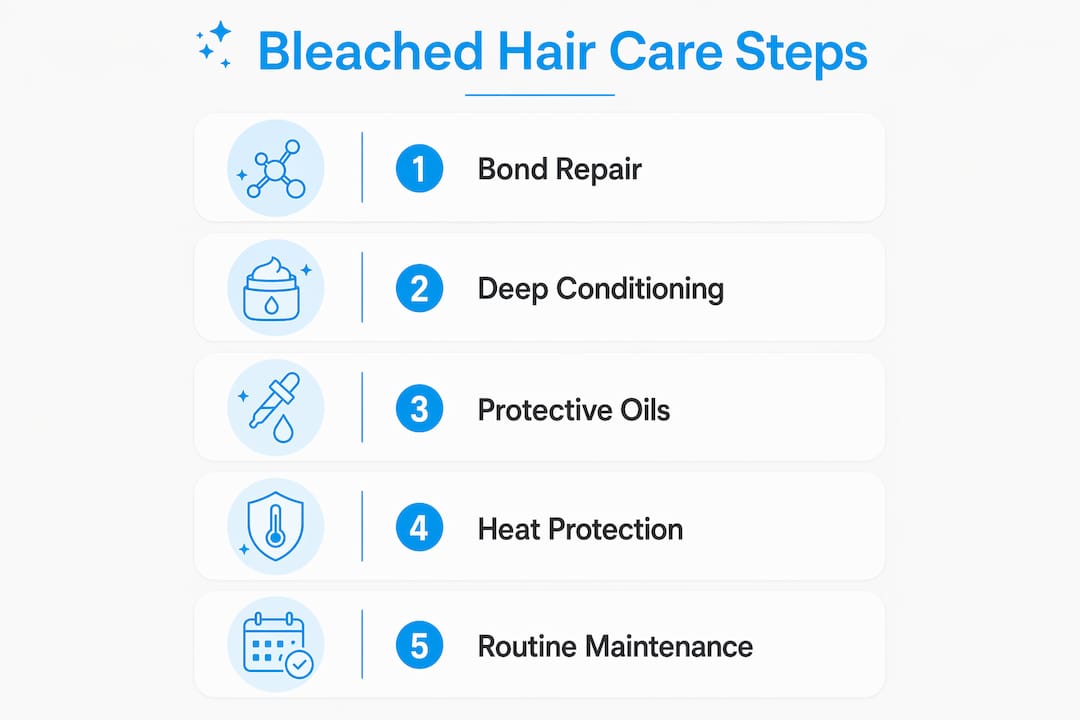 Infographic outlining steps of bleached hair treatment routine