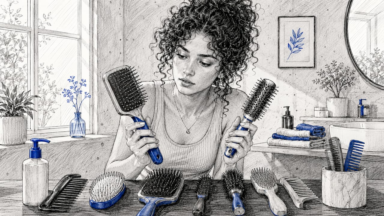 Une femme hésite devant sa collection de brosses à cheveux dans la salle de bain, cherchant celle qui conviendra le mieux à sa coiffure du jour.