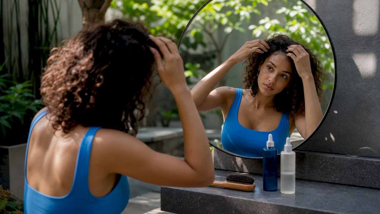 Woman examining scalp in bathroom mirror