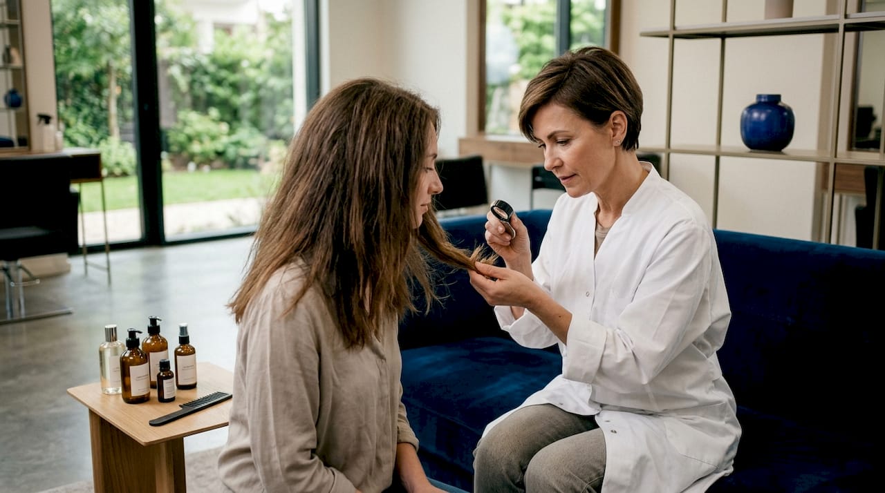 Profesional de belleza revisando el estado del cabello maltratado de una clienta en el salón