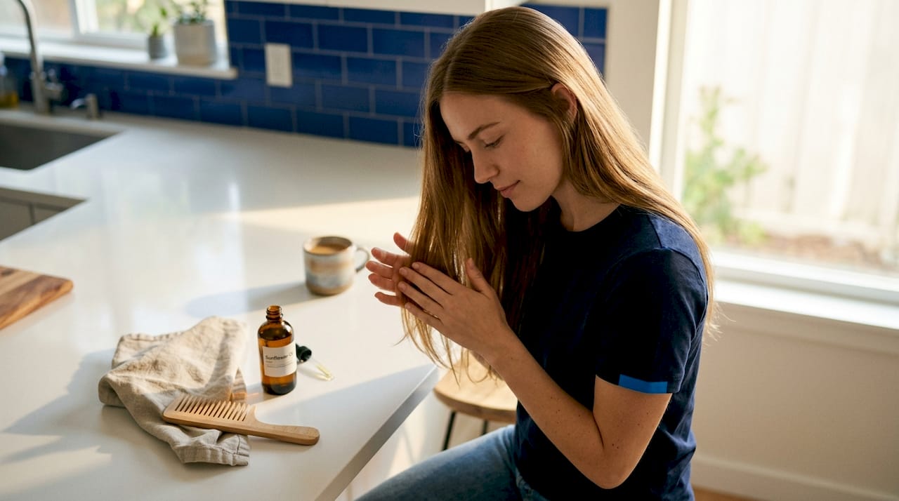 Woman applying sunflower oil to hair in bathroom