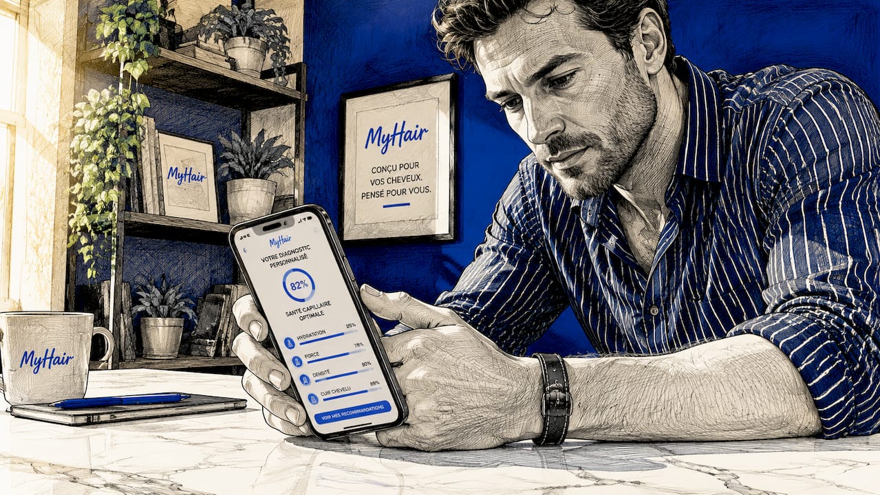 Un homme utilise une appli de soins beauté sur son smartphone.