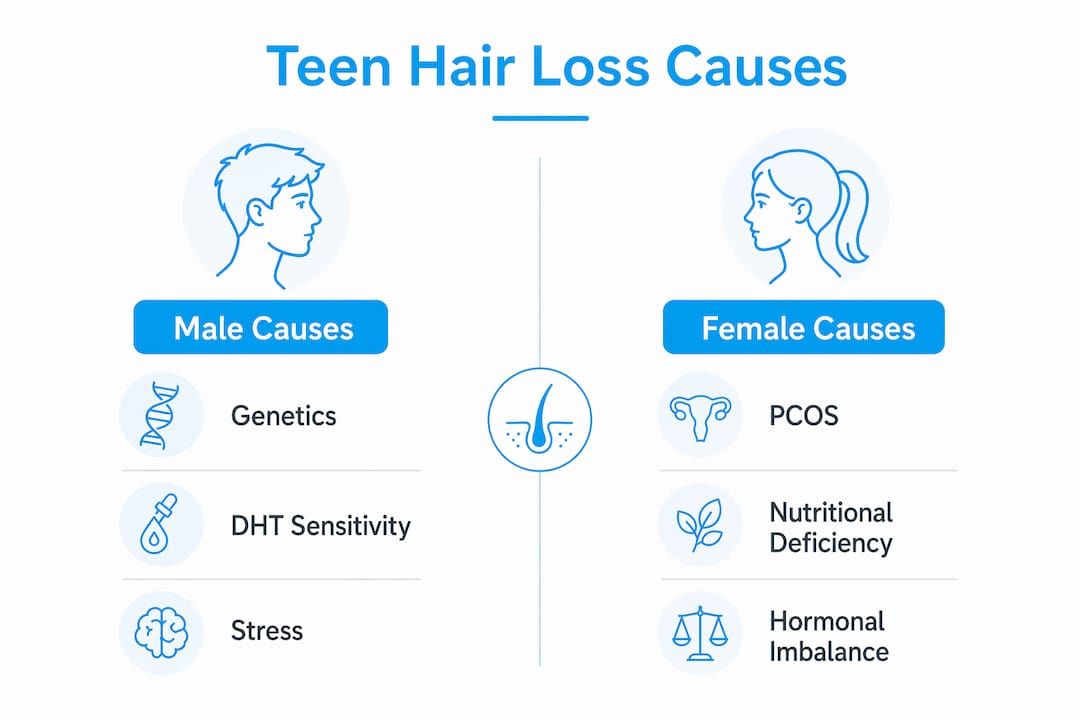 Infographic showing male vs female causes of teenage hair loss