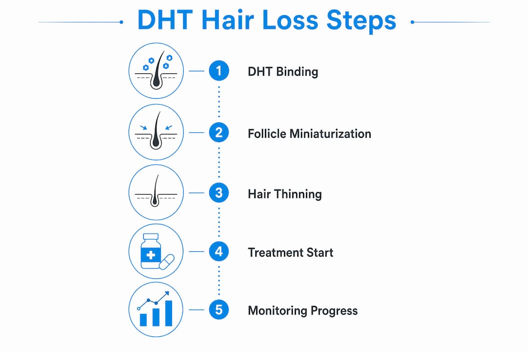 Infographic showing DHT hair loss stages and treatment steps