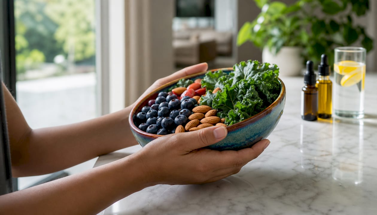 Unas manos presentan una variedad de alimentos frescos ricos en antioxidantes.