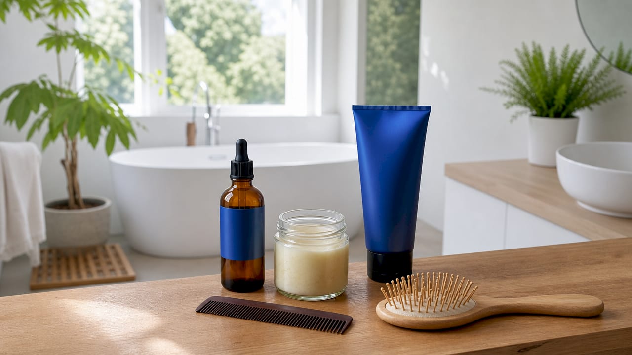 Auf dem Badregal stehen verschiedene Naturkosmetik-Produkte für die Haarpflege.