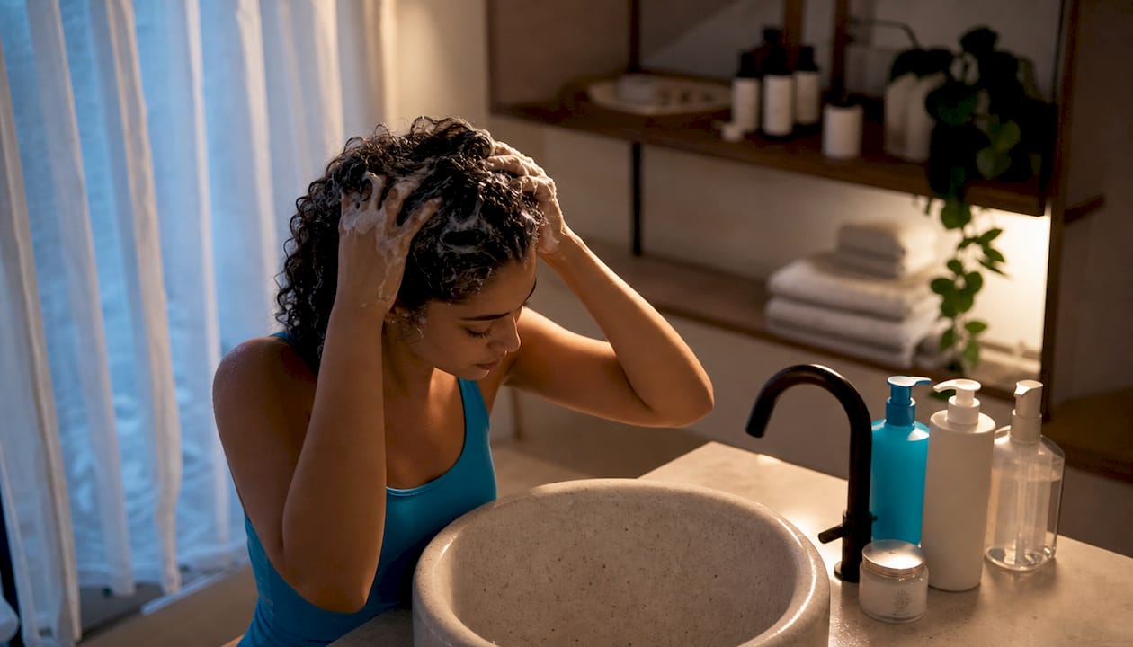 Woman washing curly hair in bathroom