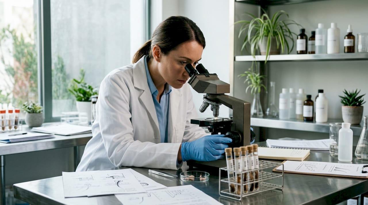 Un especialista manipula muestras de cabello en el laboratorio para su análisis.