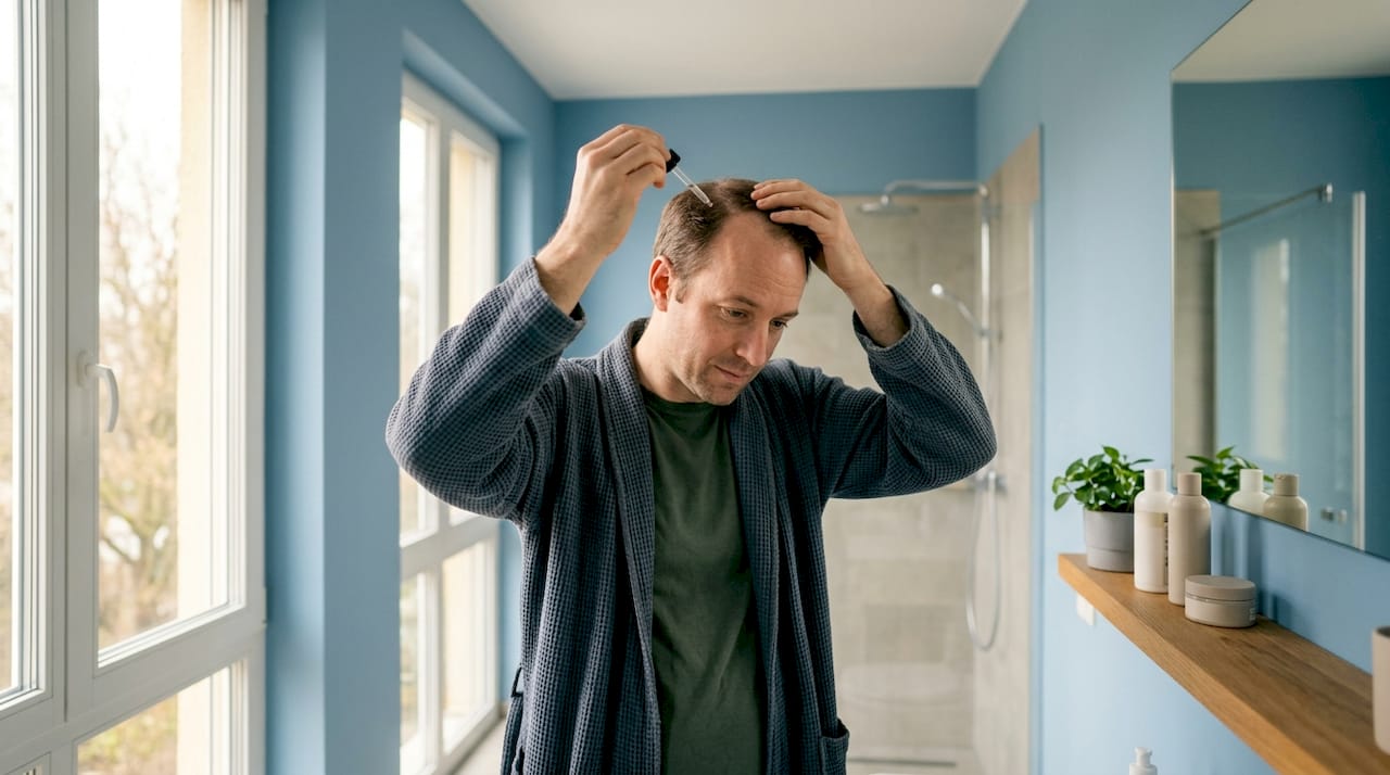 Mit den Händen wird Minoxidil direkt auf die Kopfhaut aufgetragen.