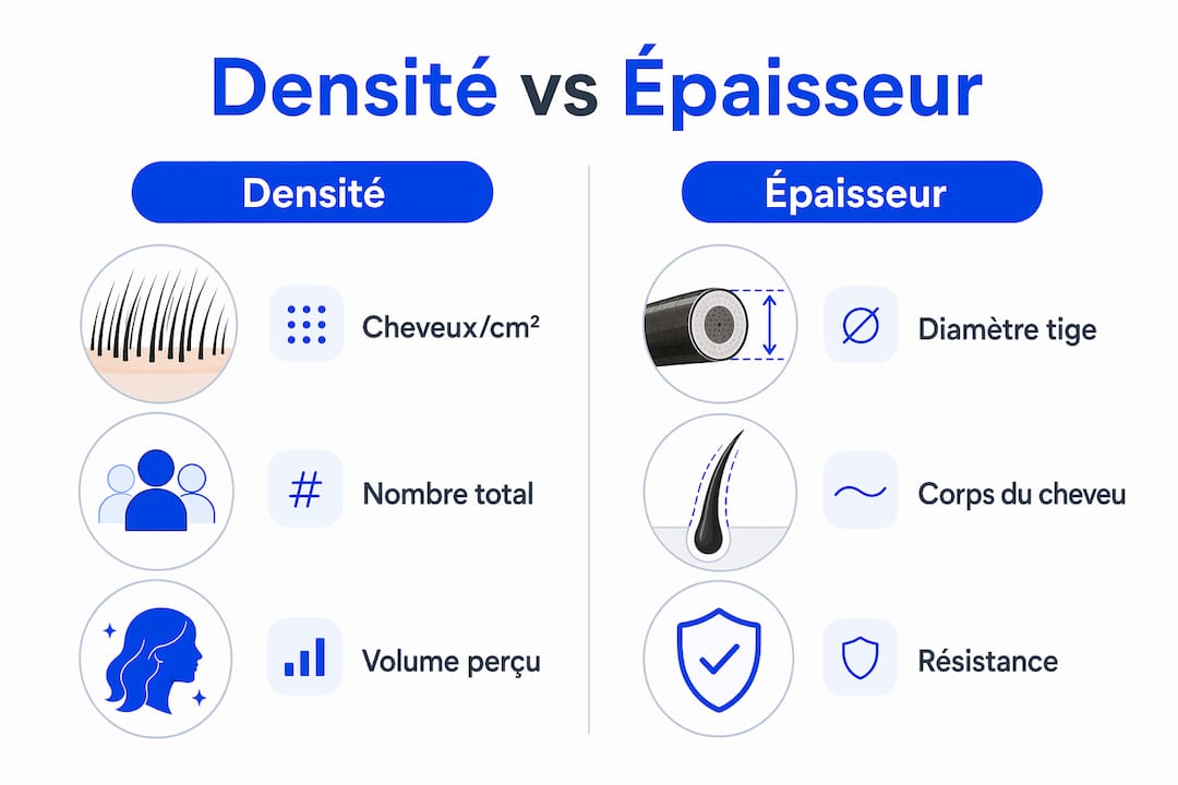 Visuel comparatif : densité des cheveux versus épaisseur du cheveu