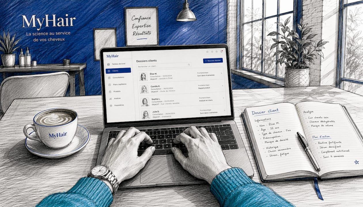 Des mains saisissent des notes sur un ordinateur portable, en lien avec un dossier client.