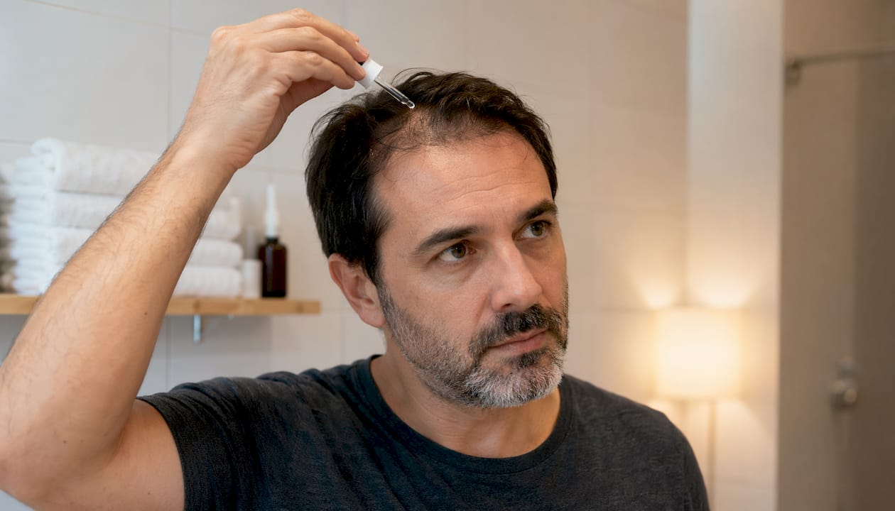 Aplicación de minoxidil en el cuero cabelludo con las manos