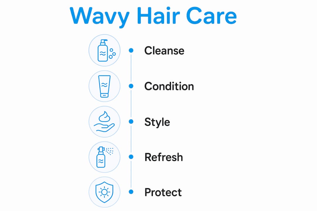 Infographic showing wavy hair care routine steps