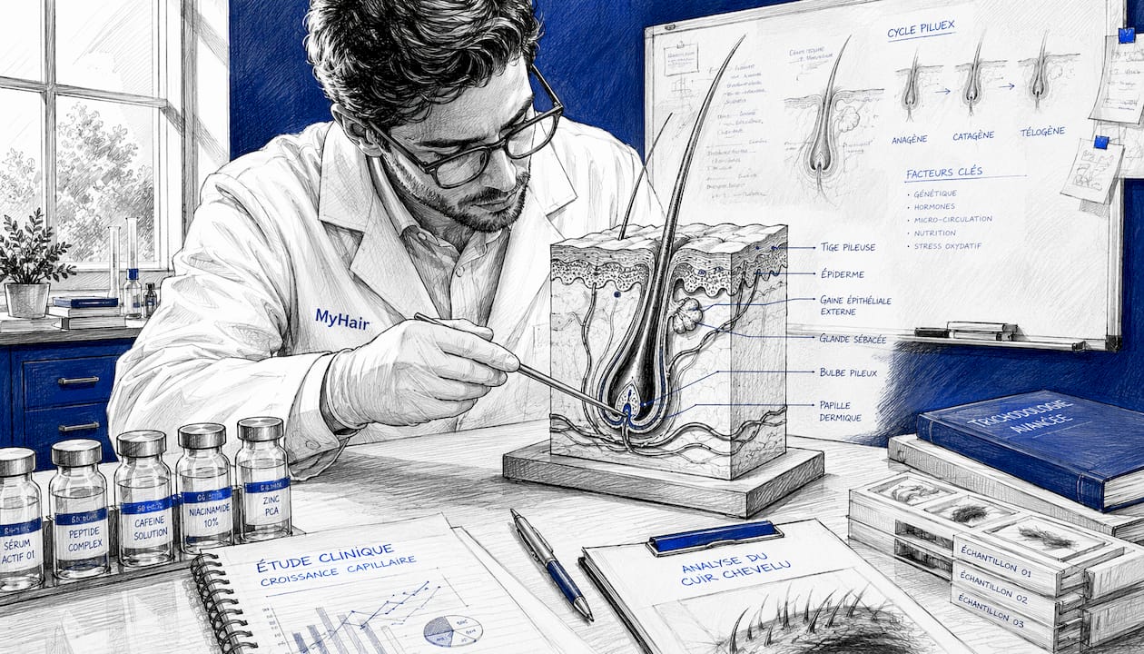 Un scientifique présente un modèle détaillé du follicule capillaire.