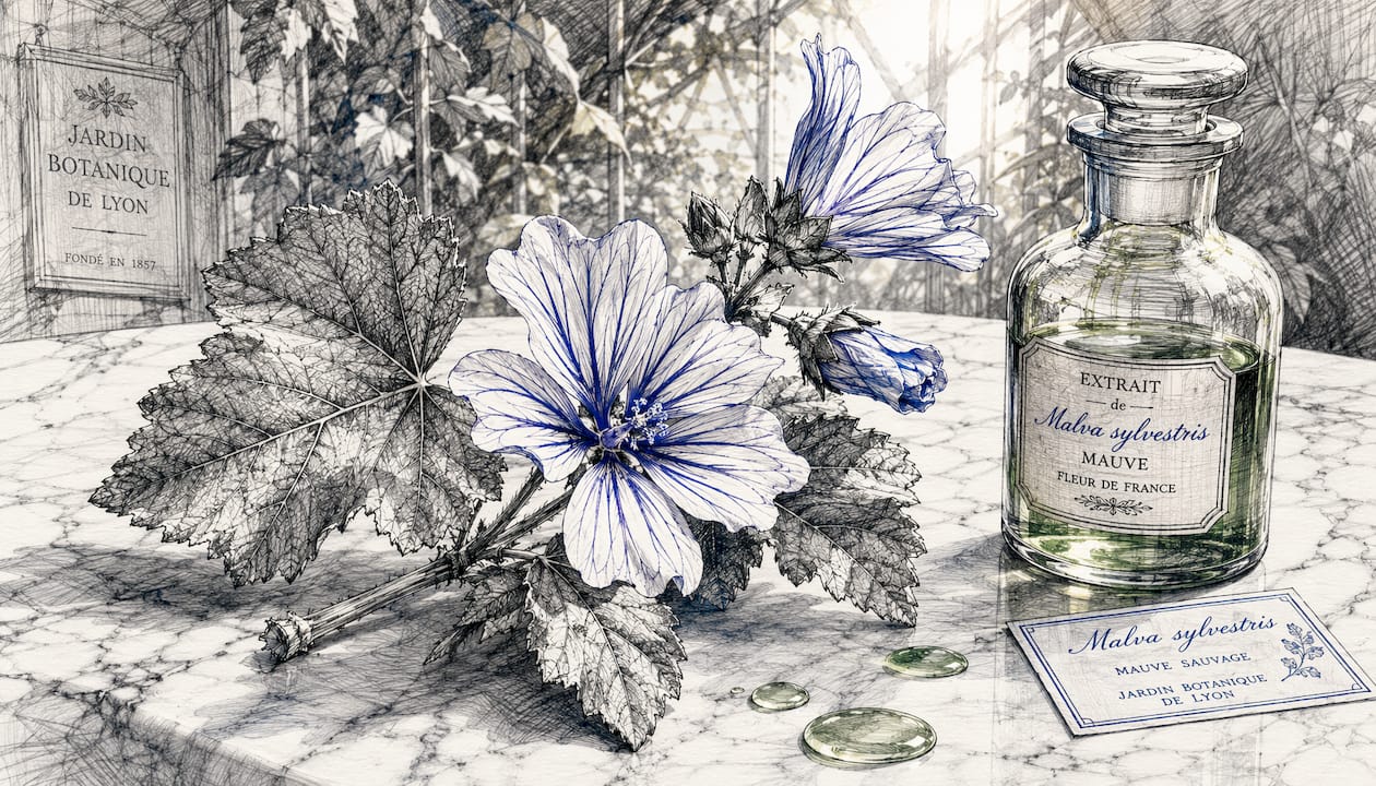 Observation rapprochée d’une fleur de mauve sylvestre en milieu de laboratoire