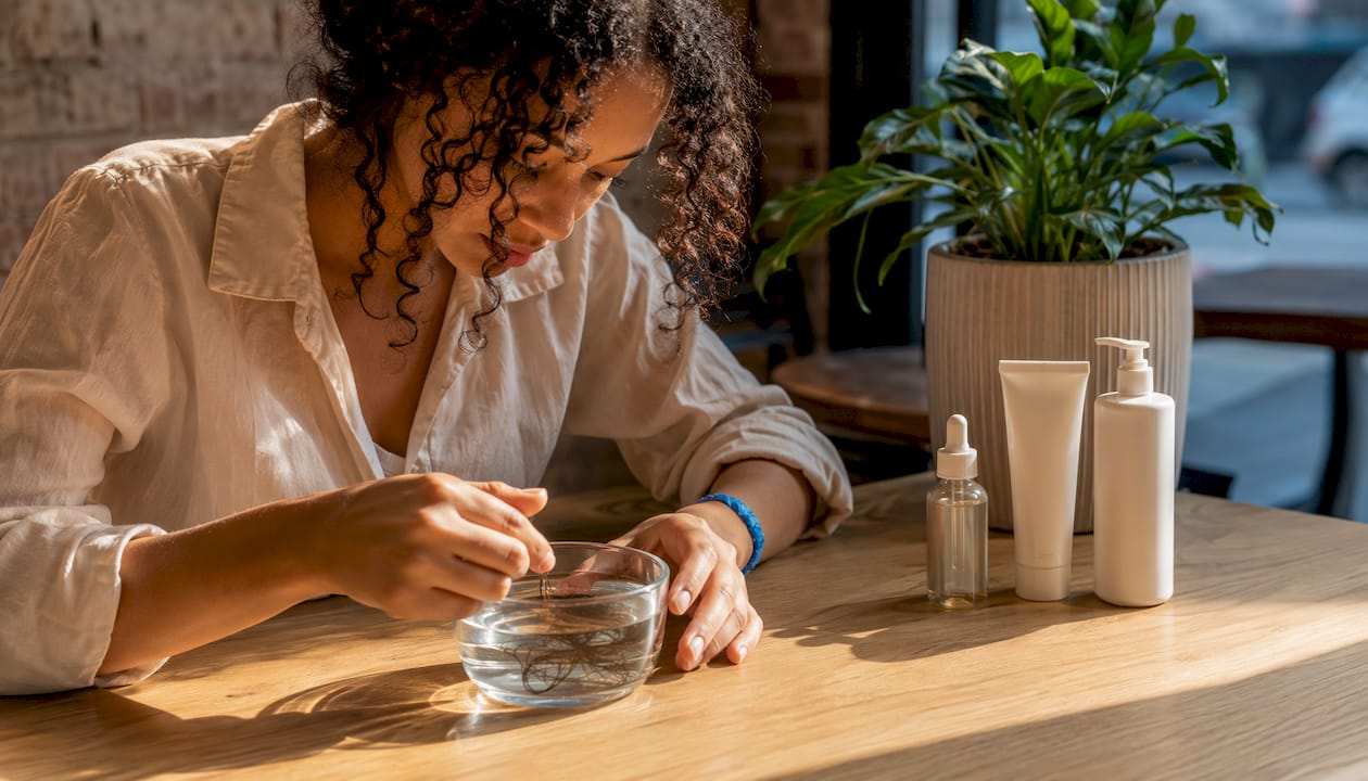 Woman performing hair porosity float test