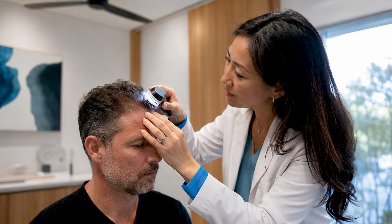 Dermatologist examining man’s scalp with device