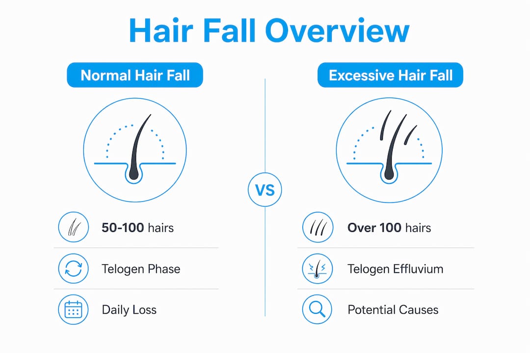 Infographic comparing normal and excessive hair fall