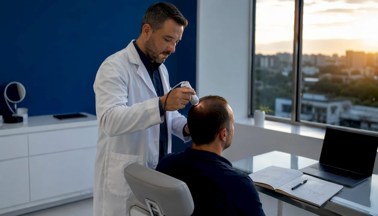 Especialista en dermatología realizando una revisión con dermatoscopio digital