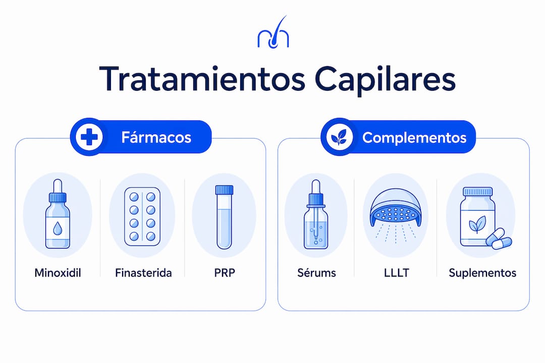 Infografía sobre los diferentes tratamientos y suplementos para combatir la caída del cabello
