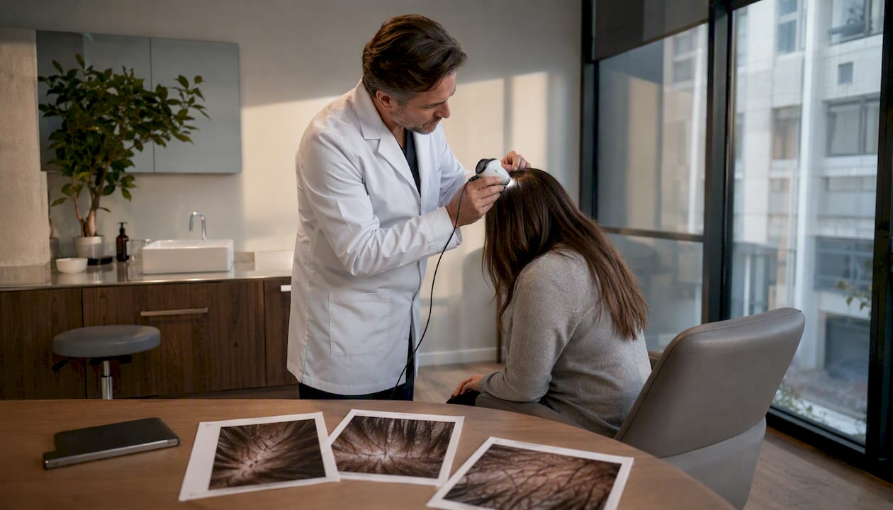 Bei einer Patientin untersucht der Hautarzt die Kopfhaut mithilfe einer Trichoskopie.