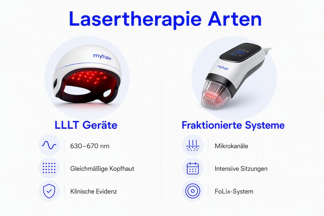 Übersichtliche Grafik veranschaulicht die Unterschiede verschiedener Lasersysteme zur Behandlung von Haarausfall.