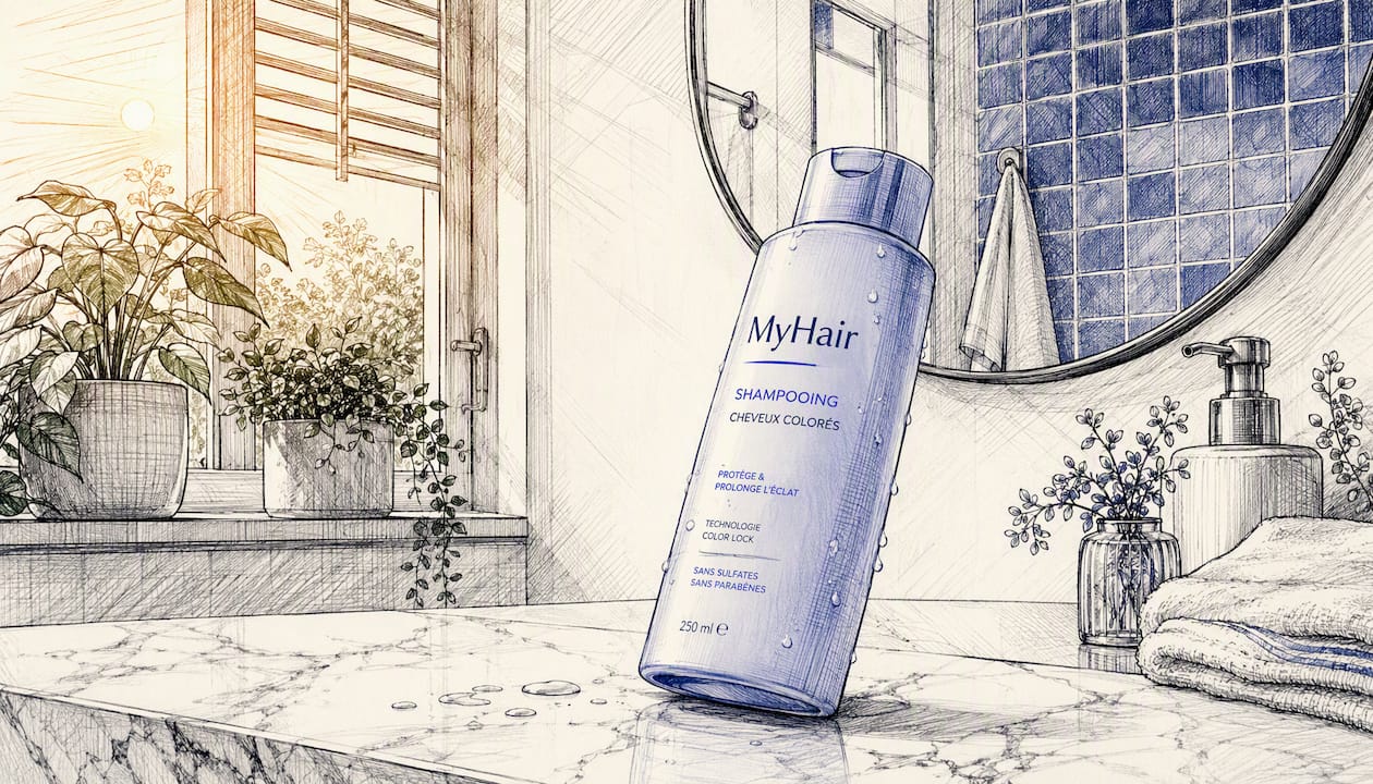 Des mains présentent un shampoing spécialement conçu pour les cheveux colorés.