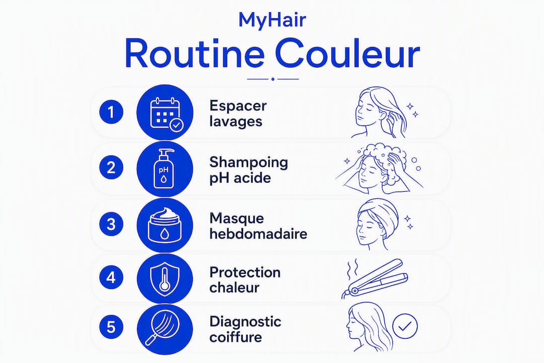 Schéma explicatif des différentes étapes pour prendre soin de ses cheveux colorés