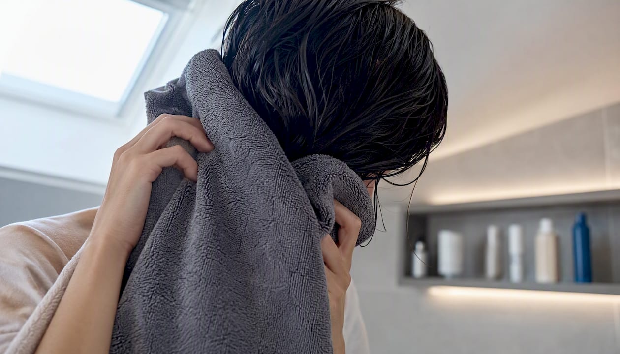 Hands blotting wet hair with microfiber towel