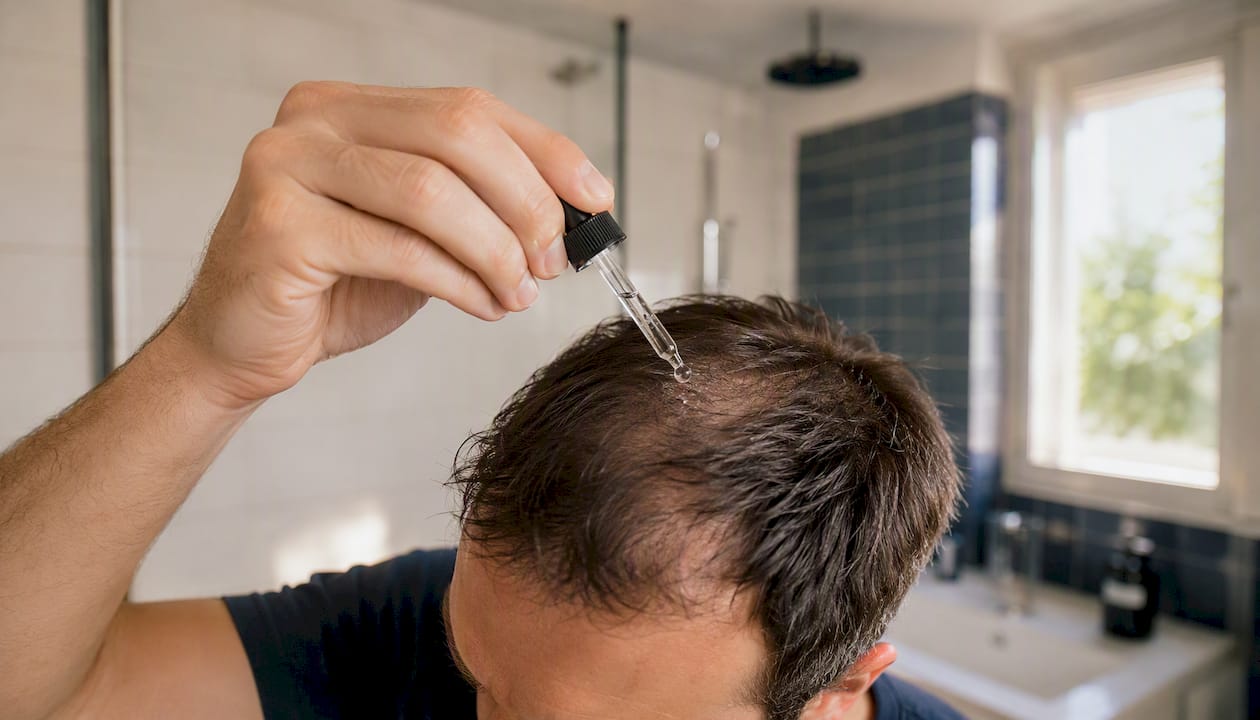 Aplicación de minoxidil sobre el cuero cabelludo con la mano