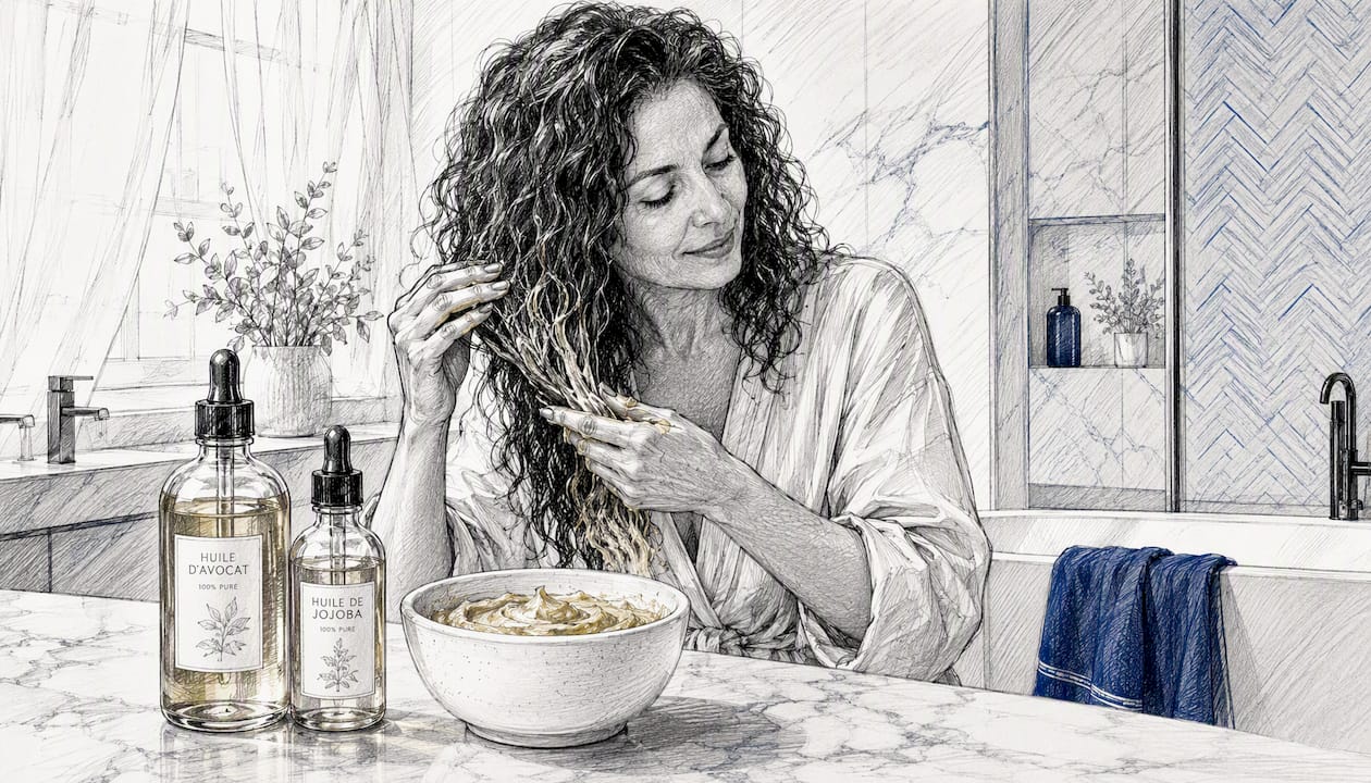 Appliquer un masque d'huile végétale sur les longueurs pour nourrir et sublimer la chevelure.